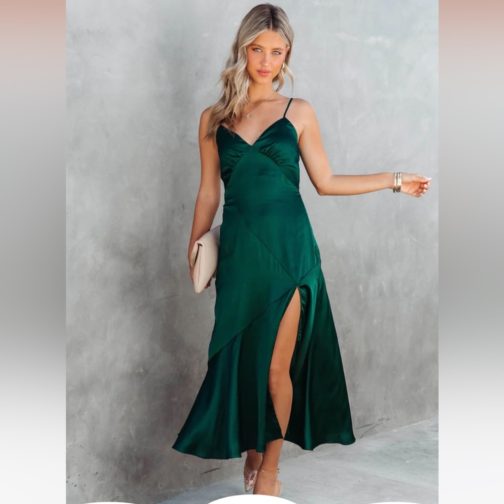 Vici Deep Emerald Satin Slip Midi Dress